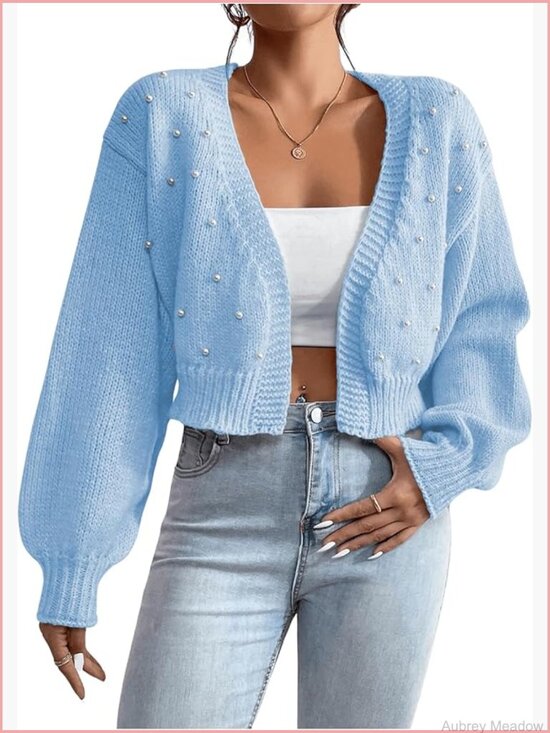 Sweaters - Pearl Beaded Open Front Cardigan Oversize V Neck Drop Shoulder Cropped Sweater